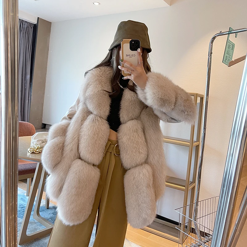 Fox Fox Fur Fur Coat Female Temperament Lady Mid-Length Stitching Leather Coat down Feather Liner Winter