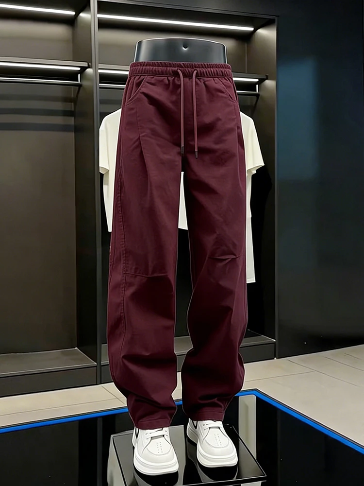 

Retro American Work Pants Men's Wine Red Spring Folded Knife Wide Leg Elastic Waist Straight Leg Micro Flared Pants