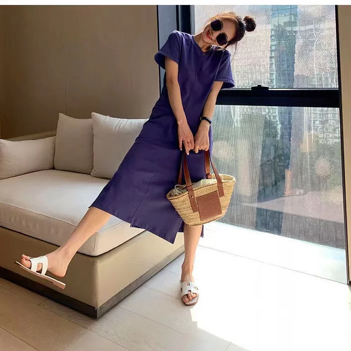 2022 Summer Casual Long T-Shirt Skirt Pajamas Girl's Backless Loose Oversized Short-sleeved Women's Long Dresses 45-150kgs