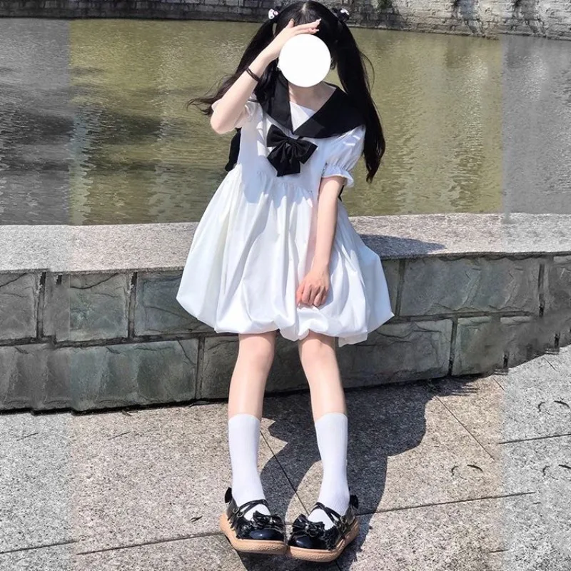 College style sweet and cute Sanrio Kuromi navy collar baby dress summer cute loose age-reducing puff sleeve flower bag skirt