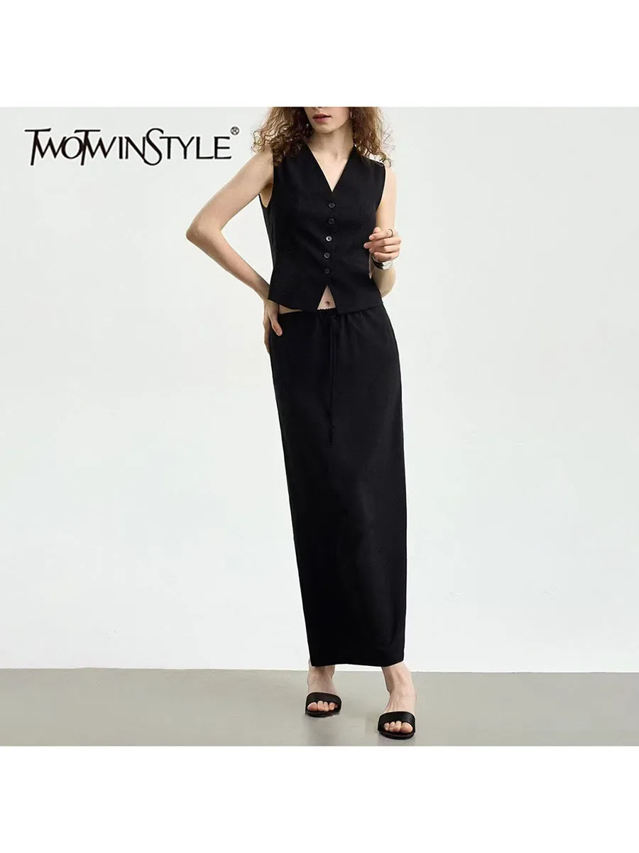 

TWOTWINSTYL Solid Two Piece Set For Women V Neck Sleeveless Top High Waist Temperament Skirt Loose Elegant Sets Gemale Clothes