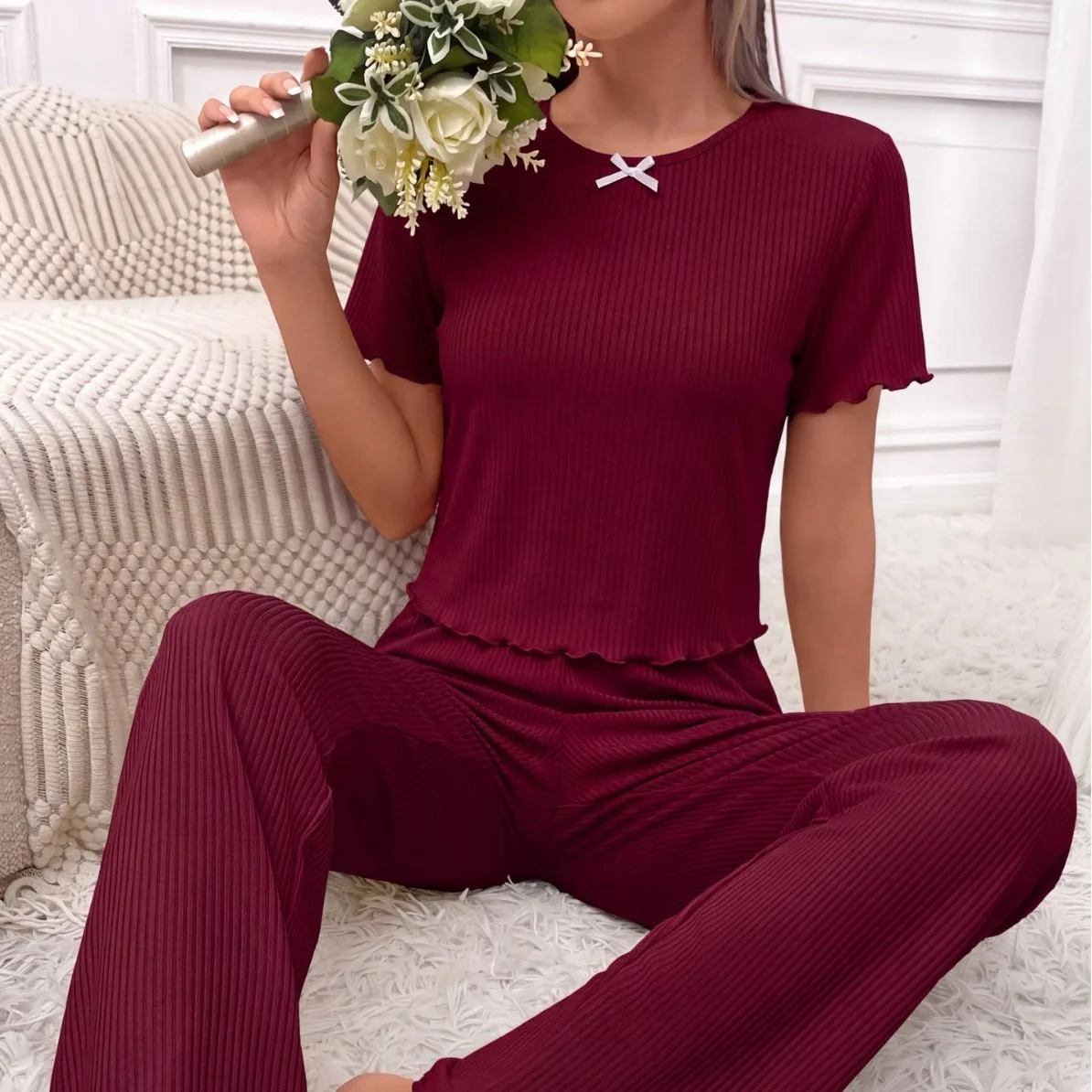 2026 New Women's Sleepwear Home Clothes Summer Loose Short Sleeved Pants Soft and Comfortable Casual Wide Leg Pants Hot Selling
