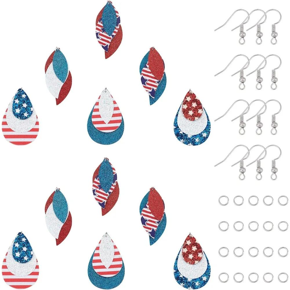 44Pcs DIY 6 Pairs Faux Leather Charms Three Layer Teardrop Charm Earring Making Kit Independence Day USA Charms American Flag