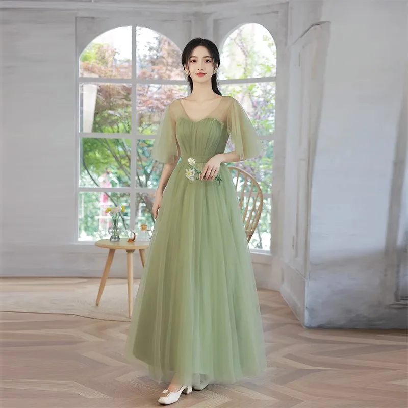 Robe de Demoiselle d'Honneur Verte de Style Coréen, Ligne A en Tulle, Longue, pour Activités de Plein Air, Banquet, Quelle que soit la Coupe Cintrée, Robes de Soirée de Mariage, Été