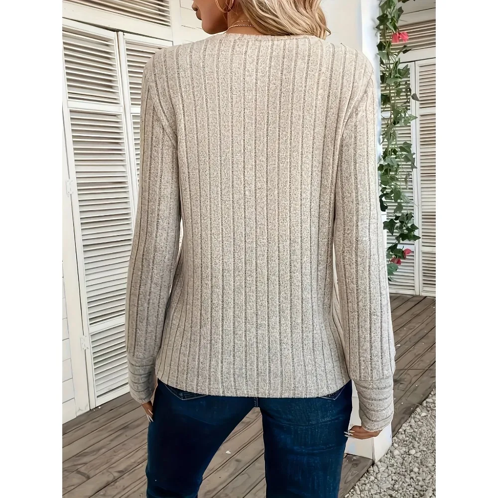 Women's Base Shirt, Long Sleeved T-shirt, Autumn and Winter Knitted Pit Stripe, Solid Color Round Neck, Elastic Rib