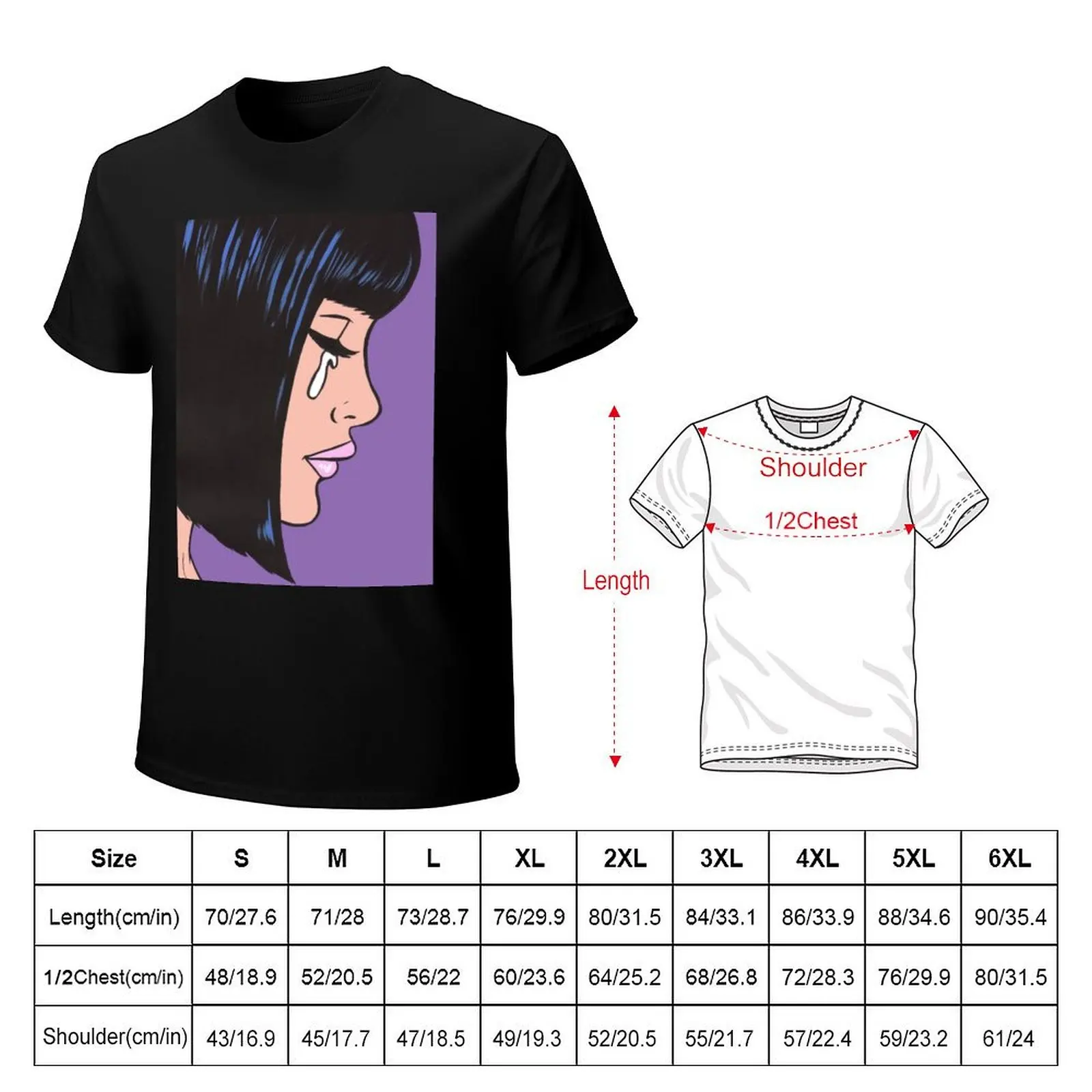 Black Bob Crying Comic Girl T-Shirt Minimalist Plain Crew Neck T-Shirt