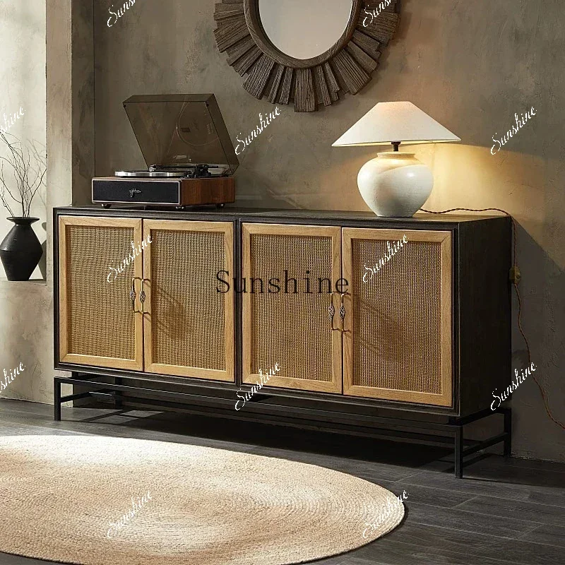

Modern simple retro solid wood dining side cabinet light luxury rattan wine cabinet FT