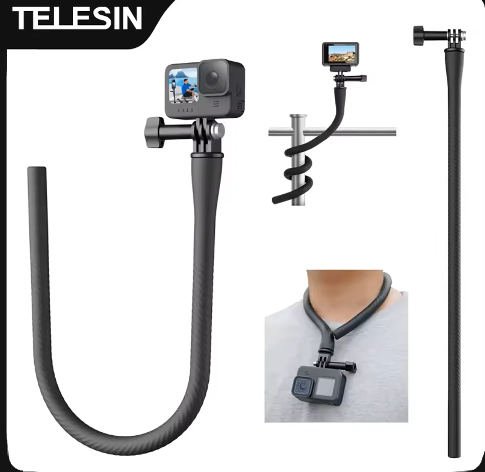 TELESIN Camera Flexible Mount Clamp for GoPro Insta360 X5 X4/X3/GO3/3S/ACE PRO2/DJI OSMO ACTION 5PRO/4/3/2 Tripod Neck Holder