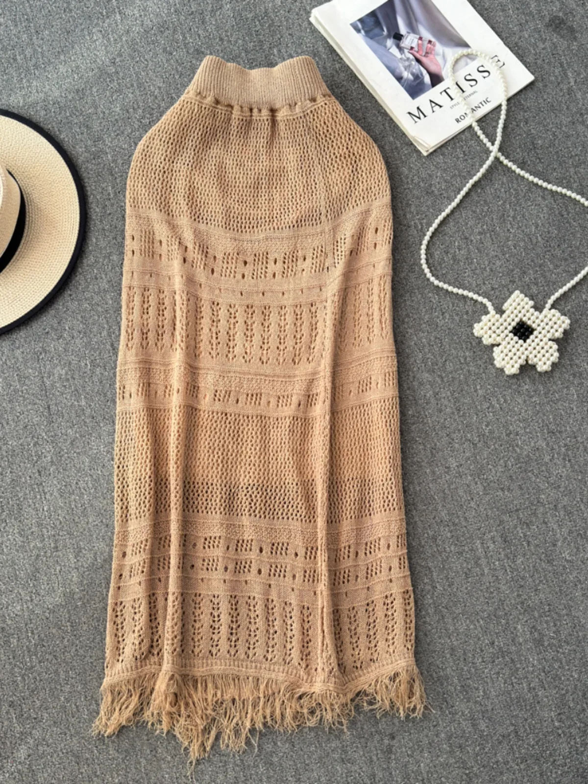 Foamlina Pure Color Tassels Hem Knitted Skirt for Women Fashion Summer High Elastic Waist Hollow Out Slim Long Skirt Streetwear