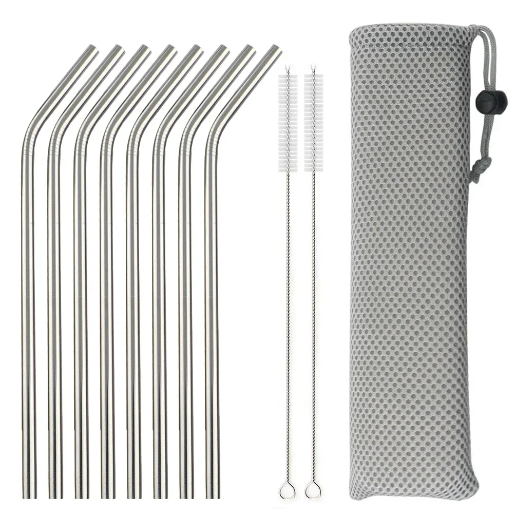 5/10Pcs Reusable Drinking Straw 304 Stainless Steel Straws Straight Bent Metal Straw with Cleaner Brush Pouch Wholesale