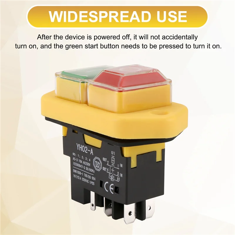 

A64K YH02-A Электромагнитный переключатель 220 В 15 А 5PIN Кнопка запуска для станкового оборудования Водонепроницаемая панель