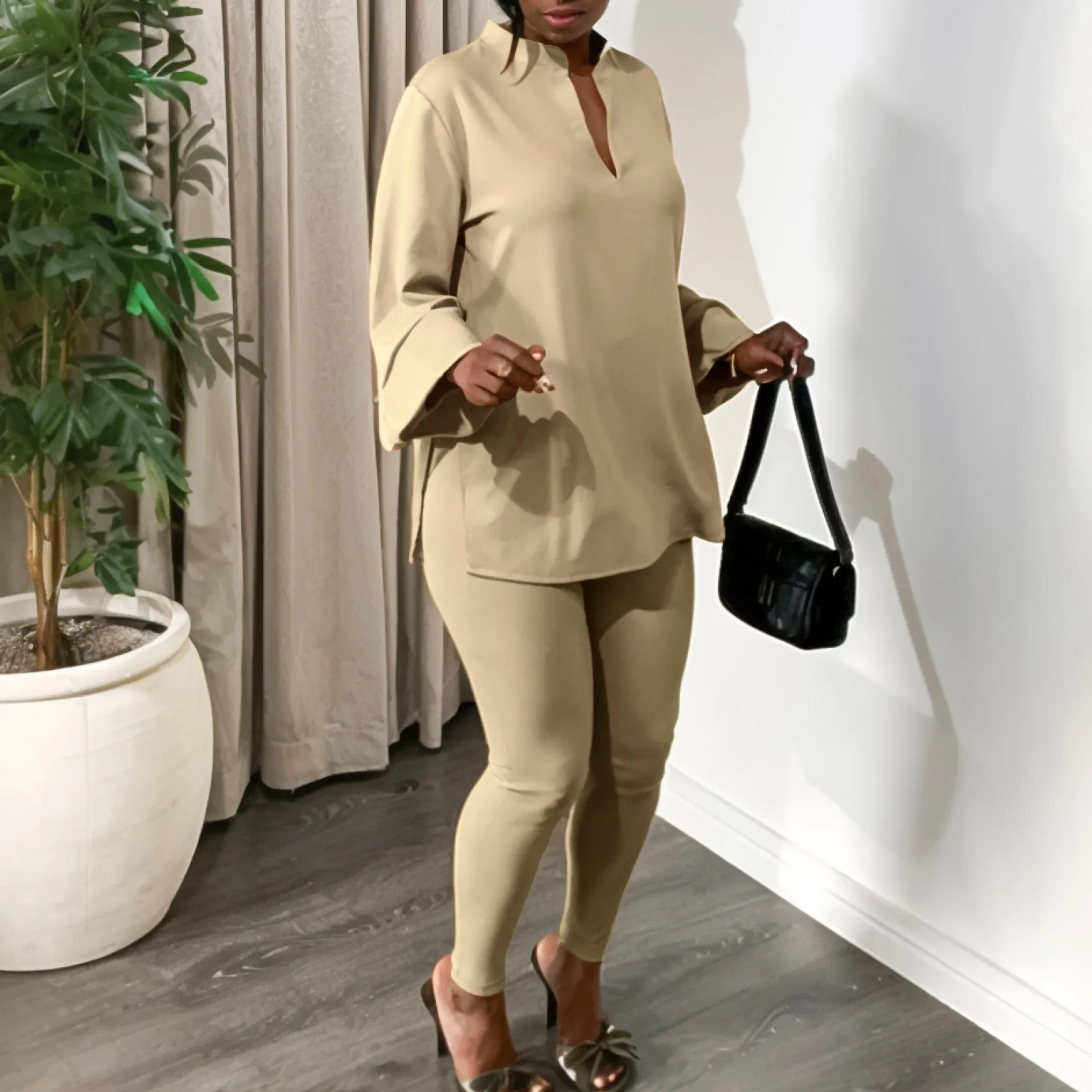 V Neck Long Sleeve Top with Full Length Streetwear Set Pants Bubble Sleeve Long Pants Spring Elegant Women Sets