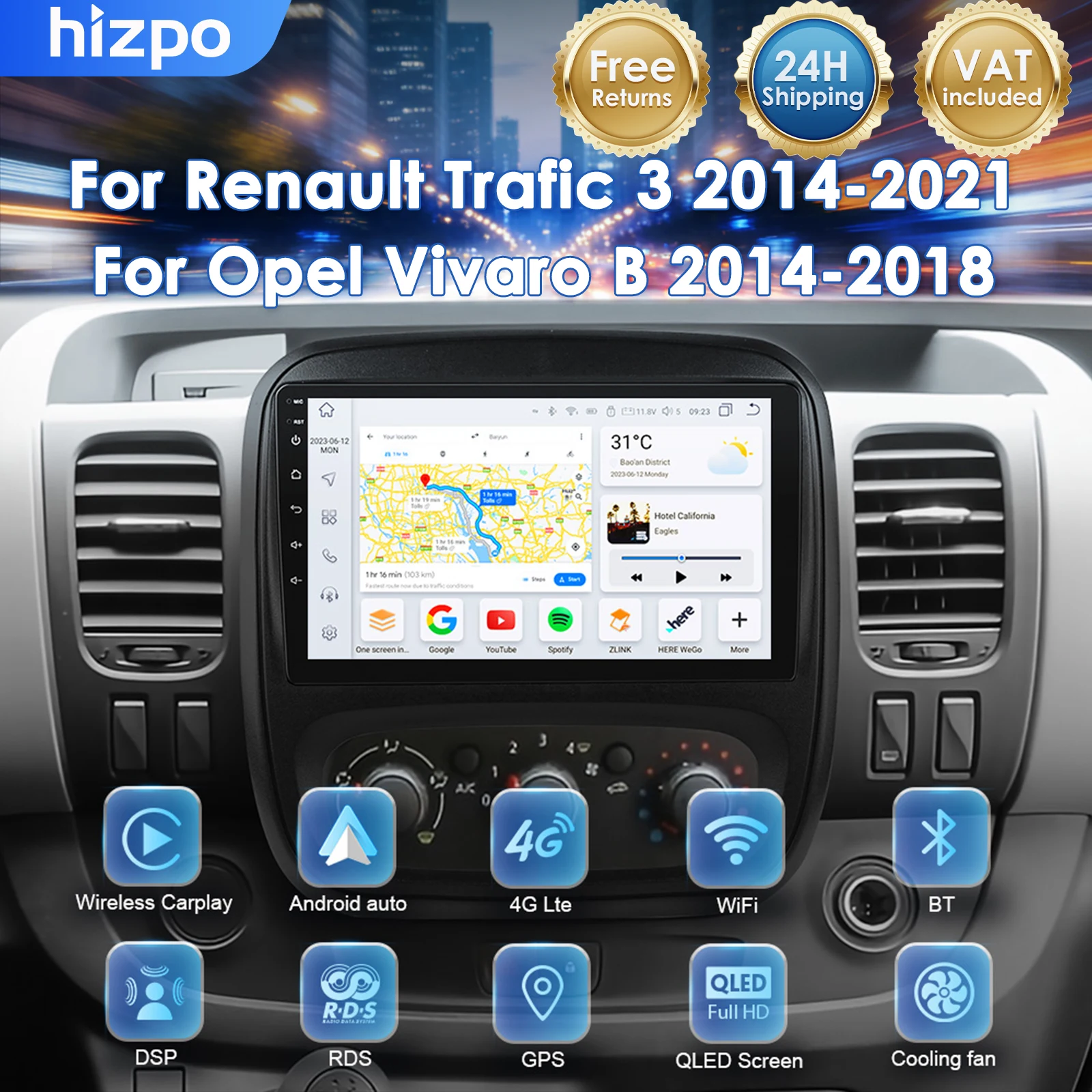 Autoradio Hizpo 9" Android Auto Carplay per Renault Trafic 3 2014-2021 Opel Vivaro B 2014-2018, lettore multimediale con navigatore.