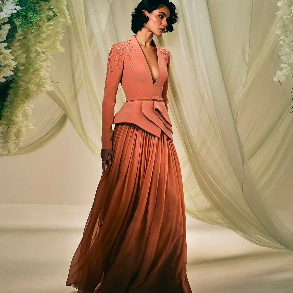 Coral Evening Dress فساتين حفلة موسيقية Customized V Neck Long Sleeve Beading Sequined Wedding Party Gown Arab Prom Dresses image 6