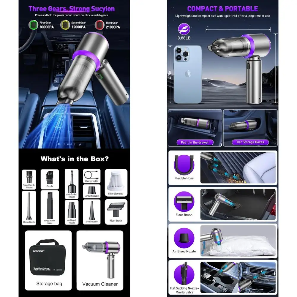 

Vacuum/Air Duster 80,000RPM Super Power Mini Car Vacuum Cleaner 4-in-1 air Blower Gun Air Duster & Air Blower & Pump Hand Electr