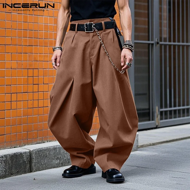 

2025 Men Pants Solid Color Button Joggers Oversize Loose Wide Leg Trousers Men Streetwear Fashion Casual Male Long Pants INCERUN