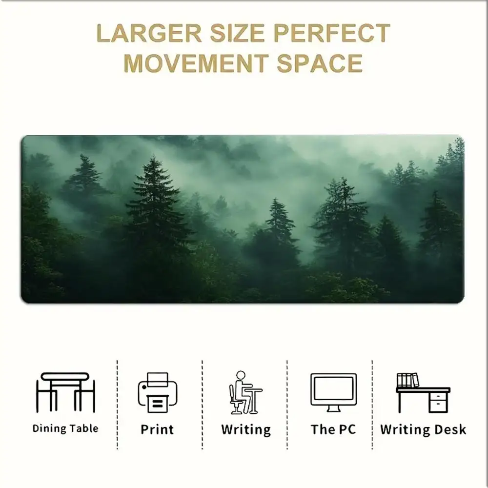 Misty Forest Pine Tree Large Mouse Pad Nature Green Fog Scenery Non Slip Rubber Gaming Desk Pad PC Office XXL Keyboard Table Mat