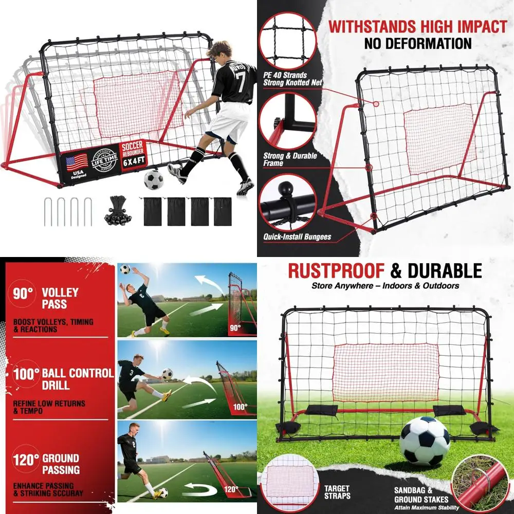 

Футбольная тренировочная сетка с 10 регулируемыми углами для пропускания, контроля и волейбости размером 6x4 футов, простая установка, тренажер для ударов
