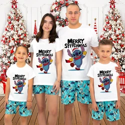 Merry Christmas stitch T-shirt Family Matching Outfits Dad and Mom kids holiday gift pure cotton short-sleeved white top