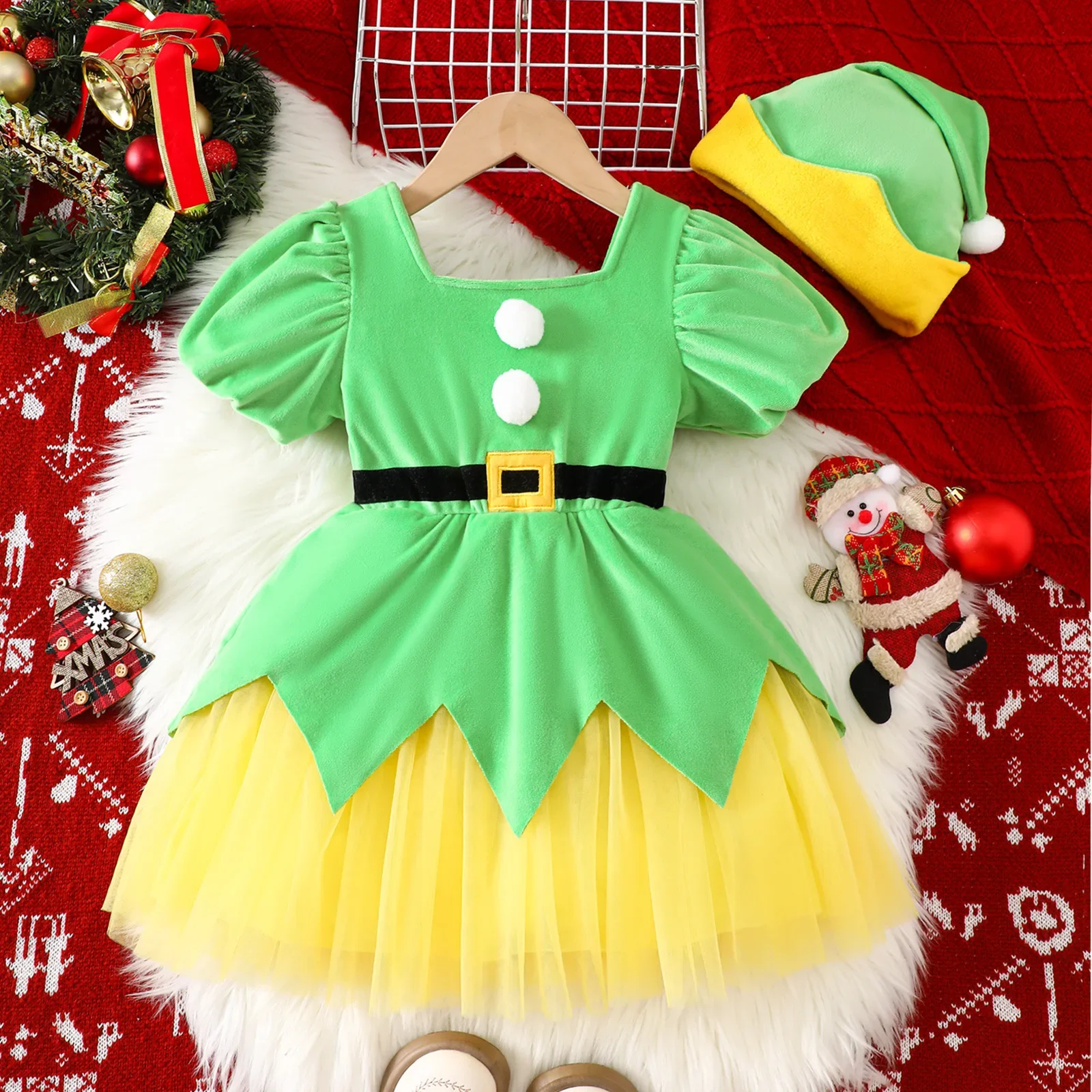 

1 - 6Y Girls Christmas Elf Costume Set Green Puff Sleeve Dress with Hat Perfect for Xmas Performance & Party