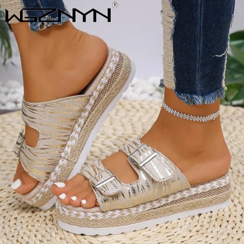 New Luxury Designers Women Fashion Buckle Strap Slippers Ladies Platform Slipper Woman Mid Heel Platform Thick Bottom Flip-flops