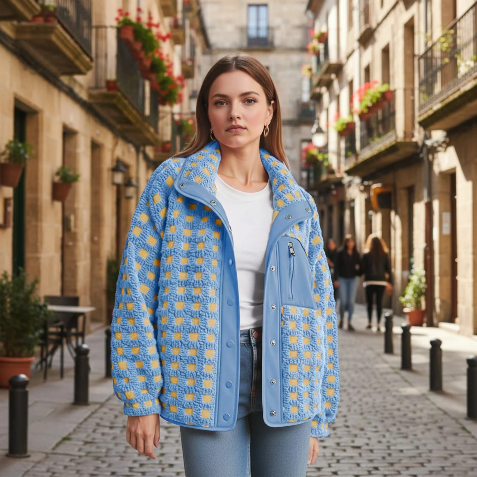 

Женские флисовые куртки на кнопках с длинным рукавом и воротником с лацканами, клетчатая осенне-зимняя верхняя одежда с карманами