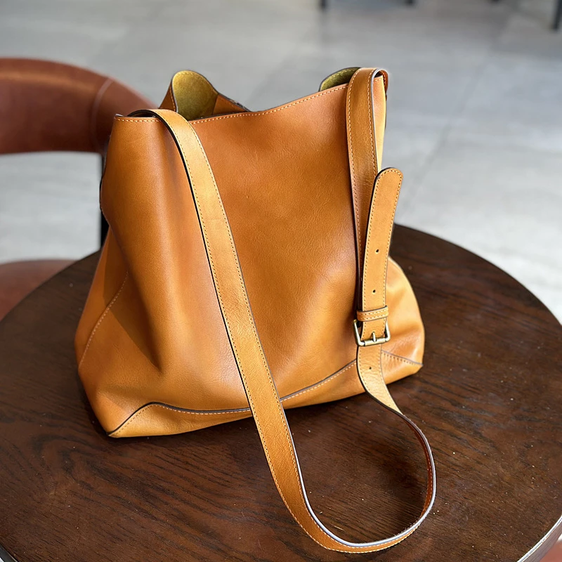 

Retro Simple Top Layer Cowhide Leather Buet Bag Genuine Leather Tote Bag Single oulder Bag Large Soft Leather Mother Daug...