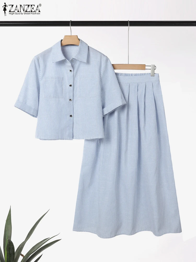 ZANZEA Elegant Women 2 Piece Sets Summer Outfits Lapel Neck Short Sleeve Shirt Midi Dress Sets 2025 Stylish Stripe OL Tracksuit