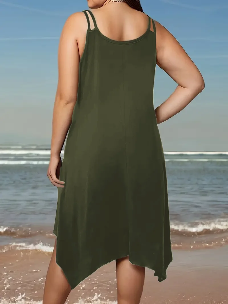Large women\'s solid color asymmetrical hem camisole dress