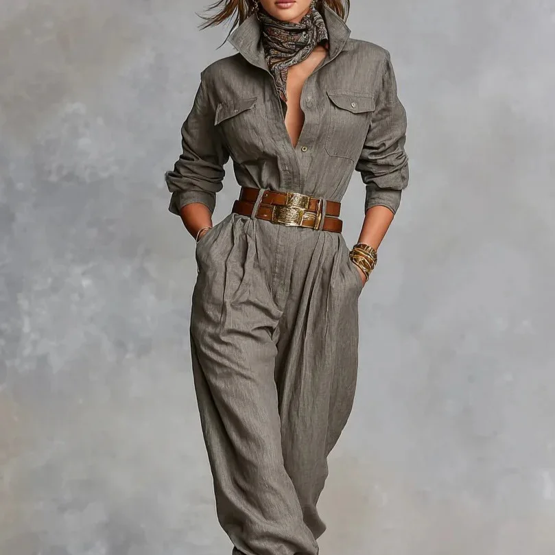 

2026 Cross-Border Foreign Trade Women's Clothing Independent Station Amazon Cotton Linen Long Sleeve Pocket Button Decorated