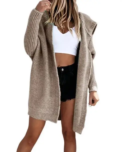 

Autumn and Winter Hooded Cardigan Sweater, Front Knit Cardigan Jacket, Women's Elegant Solid Color Loose Knit Jacket