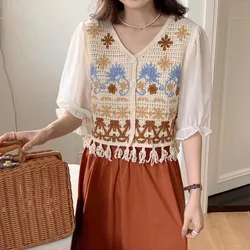 Women Crochet Knit Top with Chiffon Half Sleeve V-Neck Button Down Embroidery Floral Blouse Cardigan Summer Fairycore Outfit