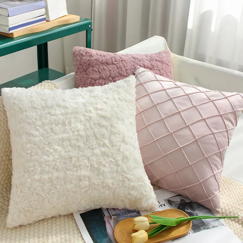 White/Pink Cushion Cover 45x45 Decorative Pillows for Living Room Sofa Couch Office Plush Pillow Cover for Kid Home Decor