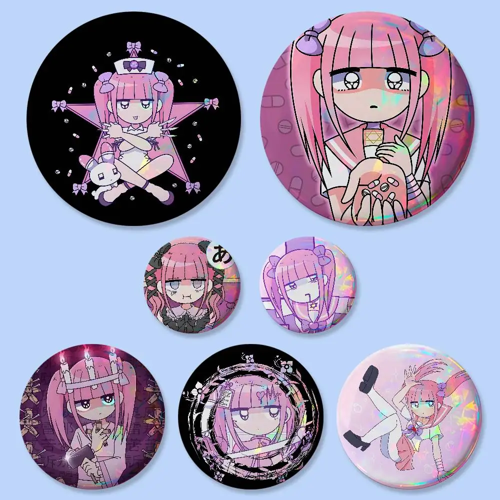 Niedliche M-Menhera Chan Anstecknadeln 25 32 44 58 75 mm Runde Cosplay-Pins Taschendekoration Fangeschenke für Fans Freunde Brosche Souvenir