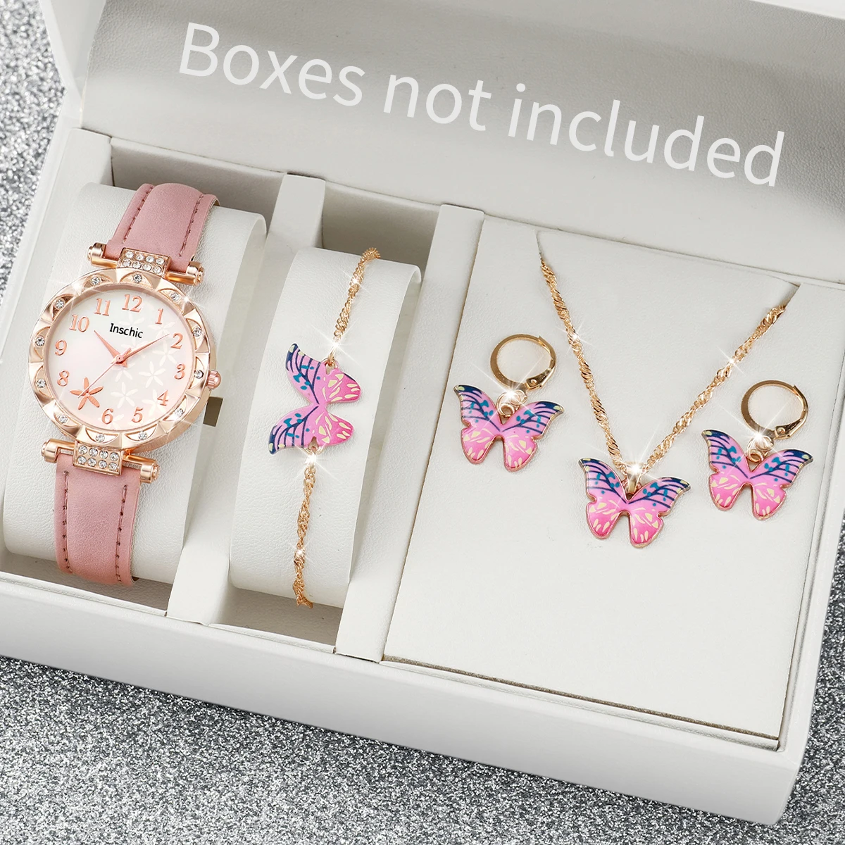 

5PCS/Set Fashion Flowers Women's Watch Leather Band Quartz Watch Butterfly Jewelry Set