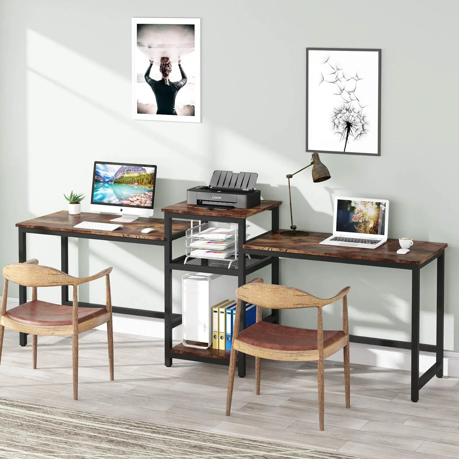 

Furniture Double computer desk with printer rack Super long desk Iron and wood combination