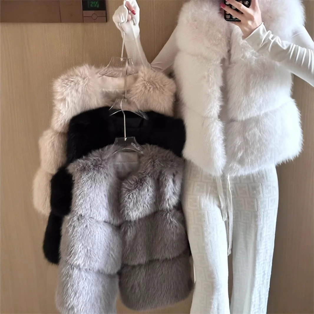 النساء فو الفراء سترة معاطف الصلبة سترات من الفرو الجولة الرقبة أكمام مغطاة زر سميكة الدافئة الفراء فضفاضة عادية 2025 الخريف الشتاء #1