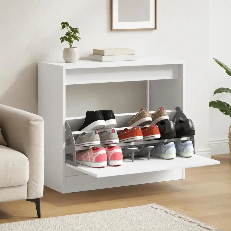Meuble à chaussures blanc 80x42x69 cm en panneau de bois dérivé, armoire de rangement pour chaussures avec portes pour entrée, couloir et chambre, organisateur compact gain de place pour appartement, meuble d'intérieur pratique pour l'organisation de la maison