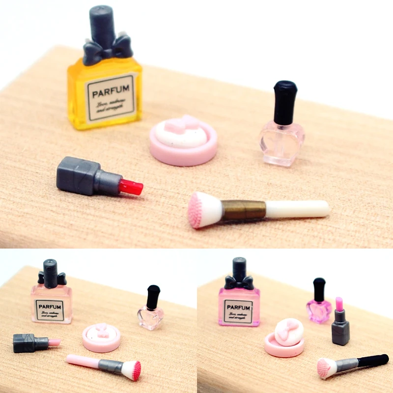 1 Juego de pintalabios cosmético en miniatura para casa de muñecas 1:12, polvo prensado, brocha de maquillaje para Perfume, modelo de escena de maquillaje para muñeca. Accesorios de decoración