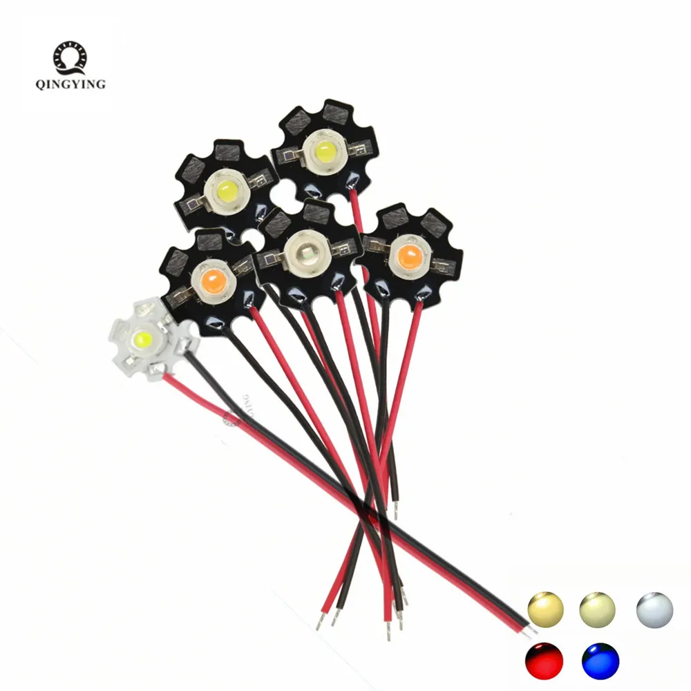 1W 3W High Power LED Diodes Pre-soldering Cable Wire With 20mm Star PCB White Warm DeepRed Green Royal Blue Yellow UV Color