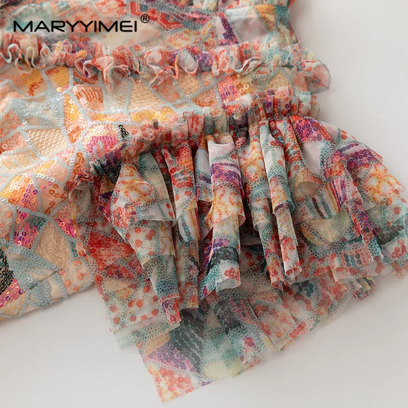 Mary yimei-Vestidos estampados con volantes y lentejuelas para mujer, vestidos de columpio grandes, cuello levantado, empalme Delgado, diseñador de moda, primavera y verano