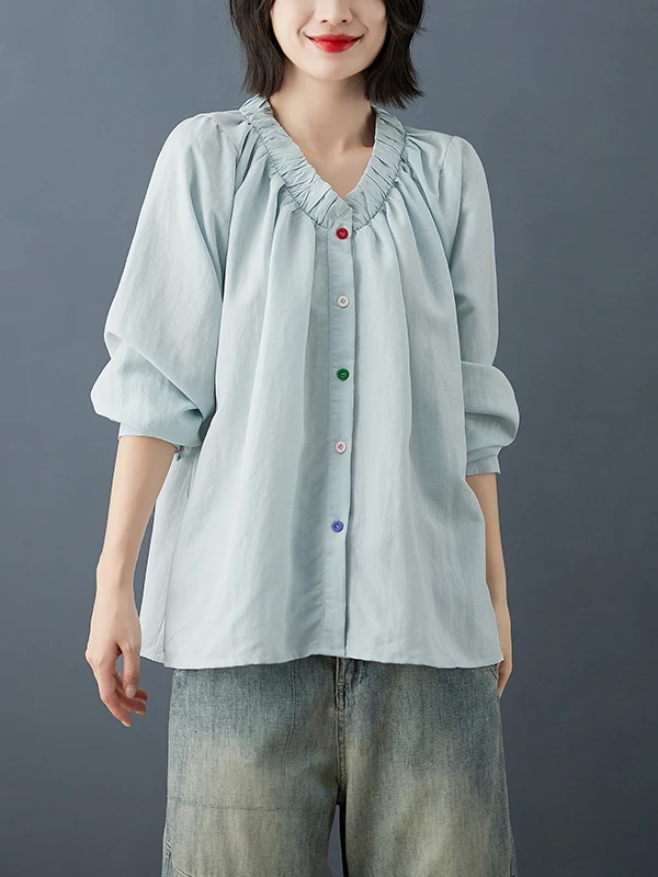 

Loose Casual Long Sve V-Ne Color irt for plus Size Women Artistic Pleated Design Button up Open Cardigan