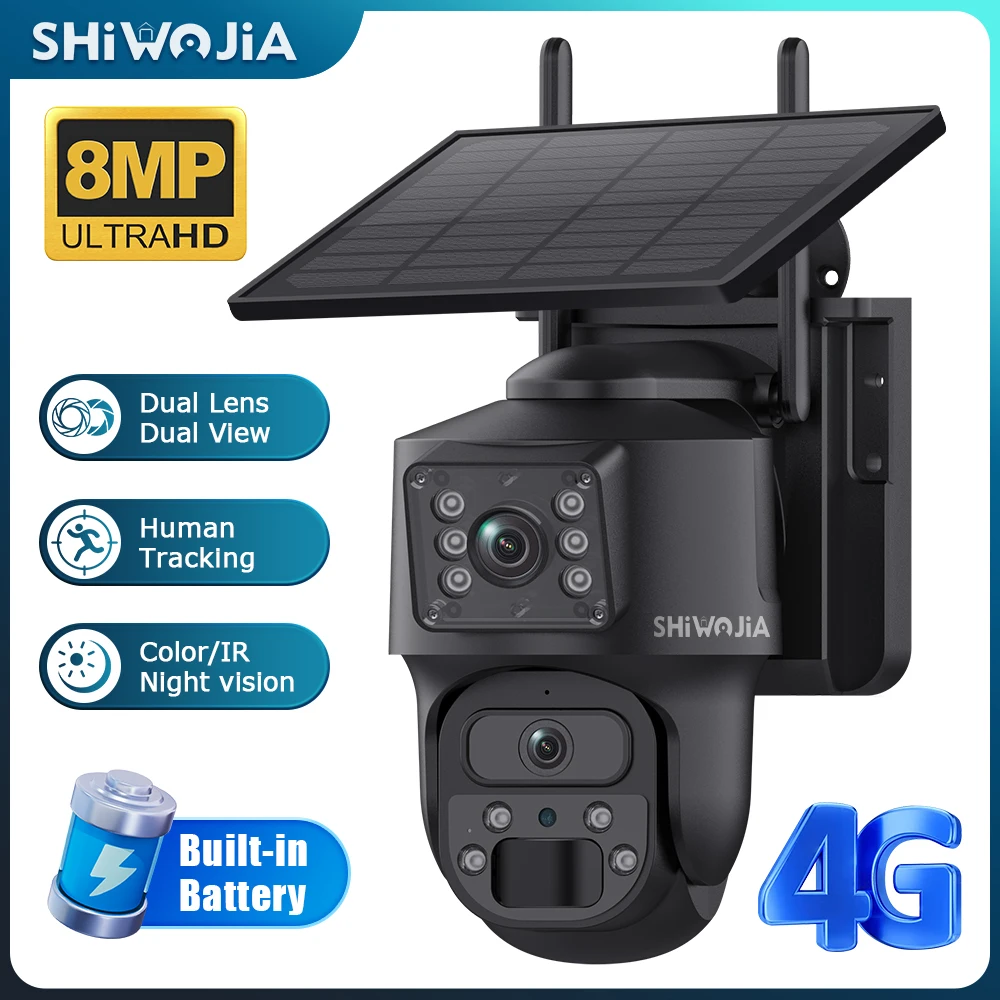 

SHIWOJIA 4K 8MP Солнечная камера 4G Sim Двойной объектив Безопасность Двойной экран Запись Гуманоид Отслеживание Цвет Ночное видение WiFi PTZ Cam