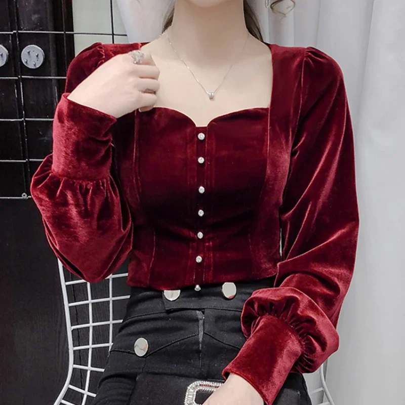 OCEANLOVE Velvet Square Neck T Shirt for Women Solid Autum Winter Vintage Ropa De Mujer Elegant Korean Fashion Slim Shirts