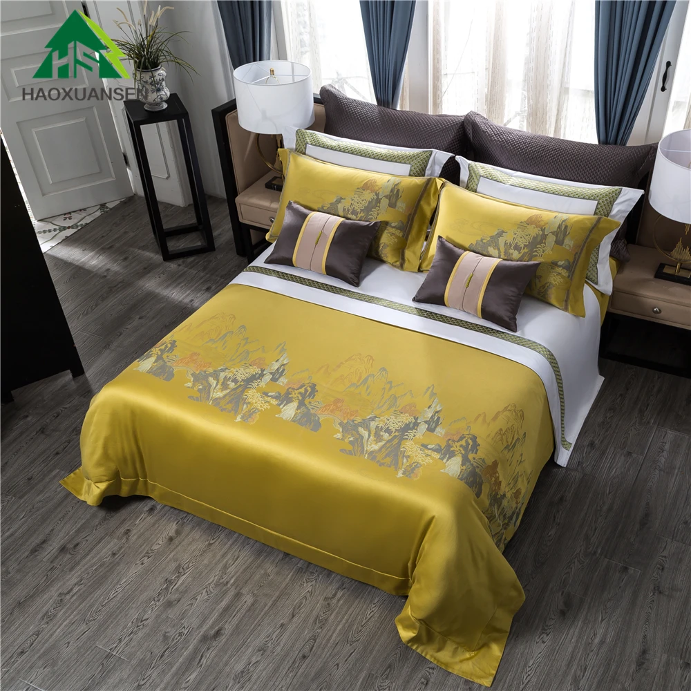 

Ink Painting Elements Bedding Sets Mulberry Silk Cotton Jacquard All Season Gold Yellow Super Soft Duvet Cover Sheets Pillowcase