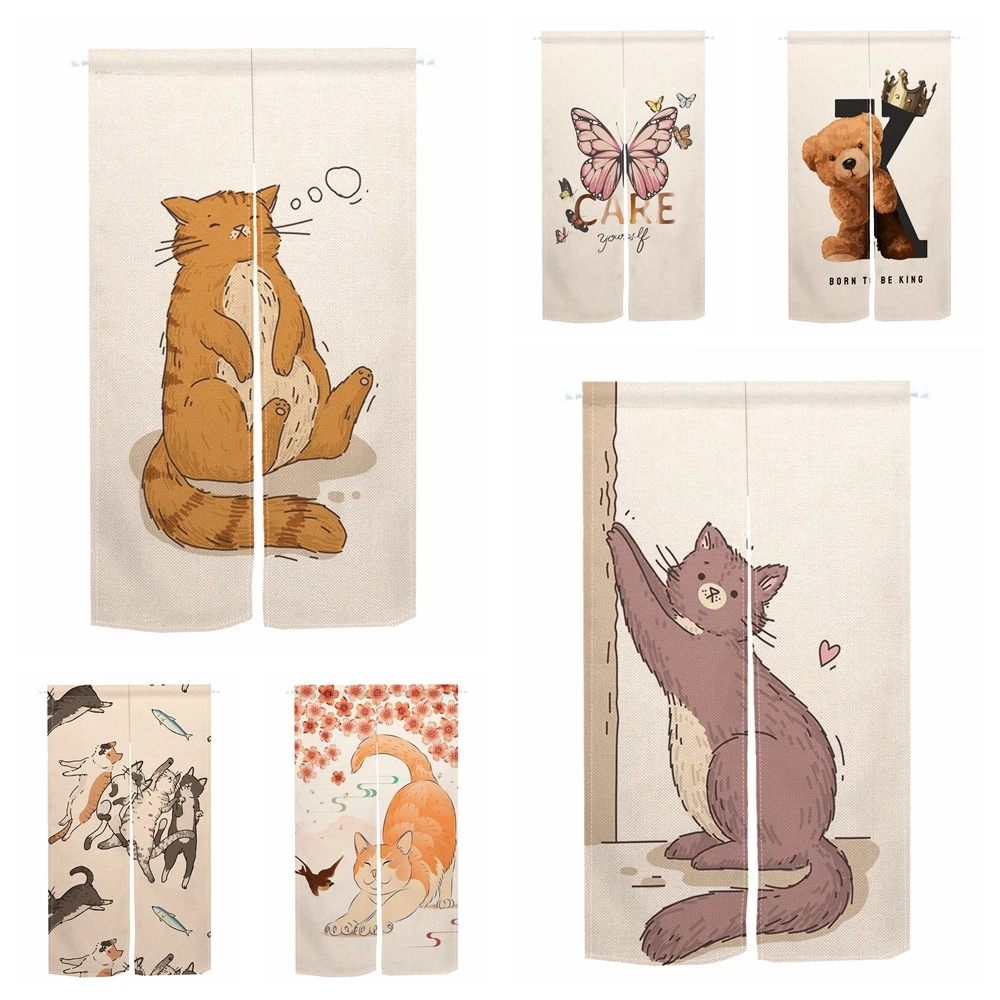 

Cute Cat Japanese Door Curtains For Living Room Bedroom Linen Curtain Kitchen Doorway Entrance Partition Washable Half-Curtains