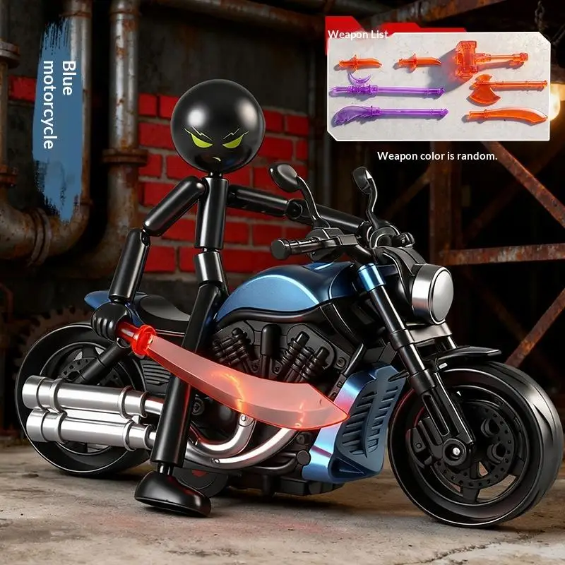 DIY Assembly Robot Posable Raging Stickman Multi-jointed Action Figures With Motorcycle And Weapons Mini Figurine Desk Ornament