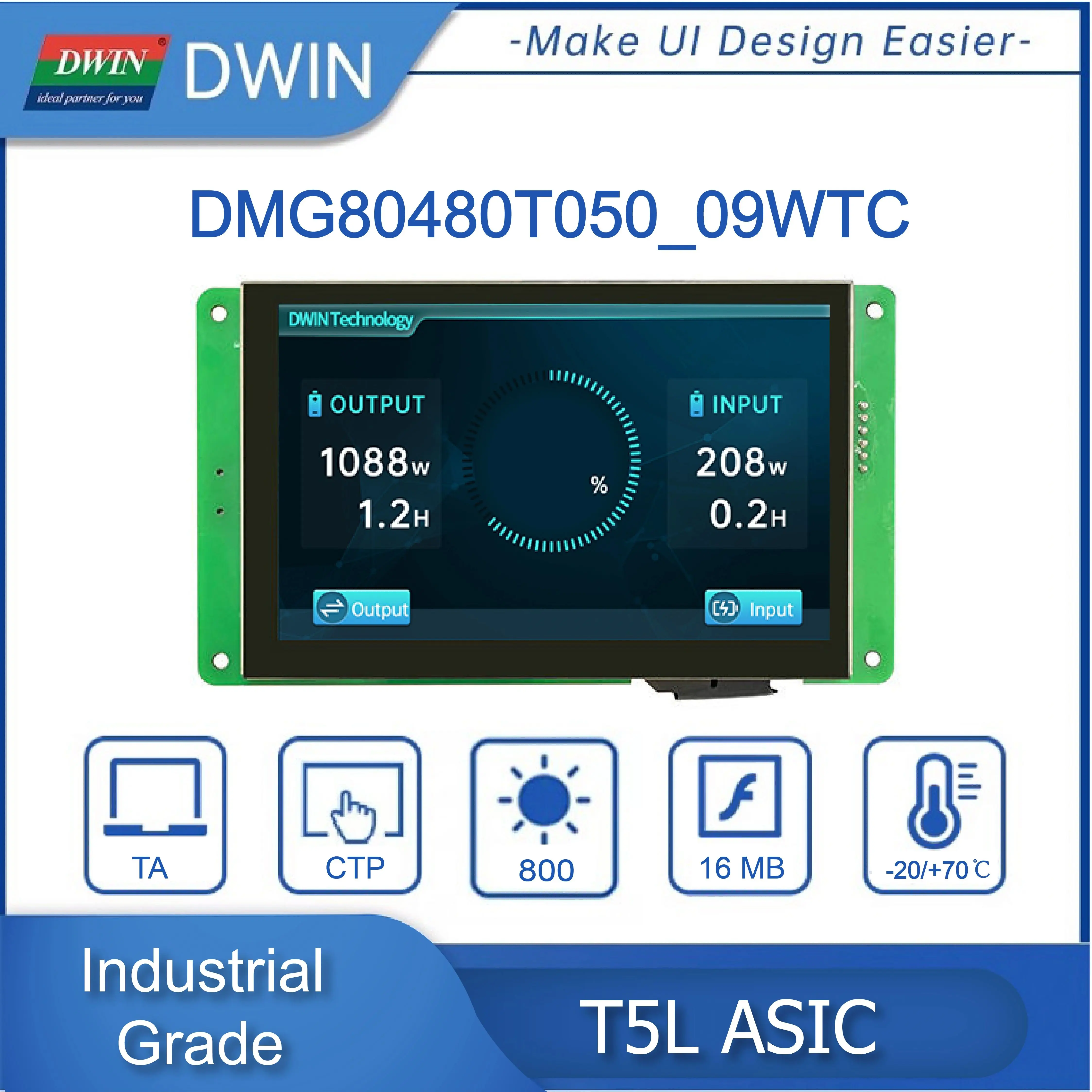 DWIN 5.0 Inch 800*480 HMI TFT LCD IPS Module Capacitive Touch Screen TTL/RS232 UART2/UART4 DMG80480T050_09W(Industrial Grade)