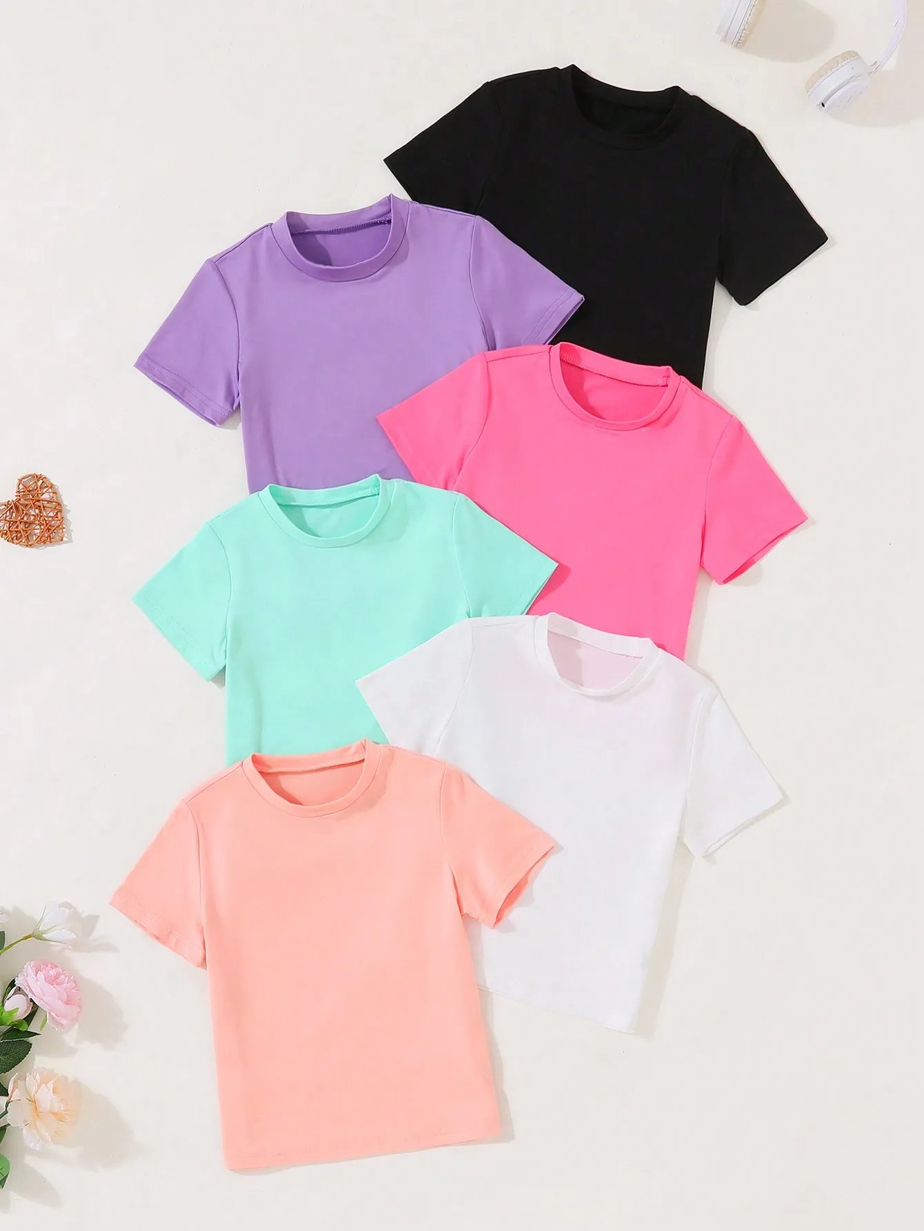 

Набор из 6 однотонных детских футболок с короткими рукавами, круглым вырезом, из мягкой хлопковой смеси, для летней повседневной носки
