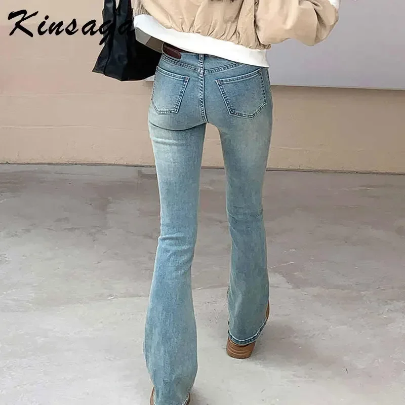 Kinsaga Blue Skinny Micro Flare Jeans Women Korean Petite Girl Horn Mopping Pants Pear Shape Draped Wide Leg Cigarette Jeans